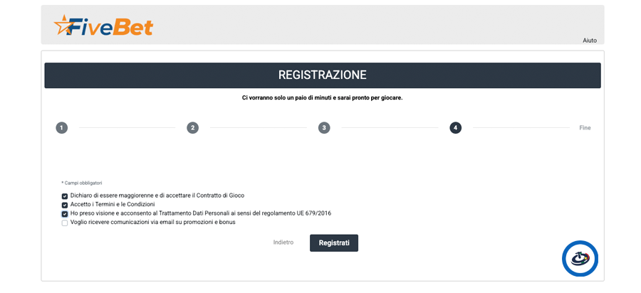 Modulo di registrazione FiveBet